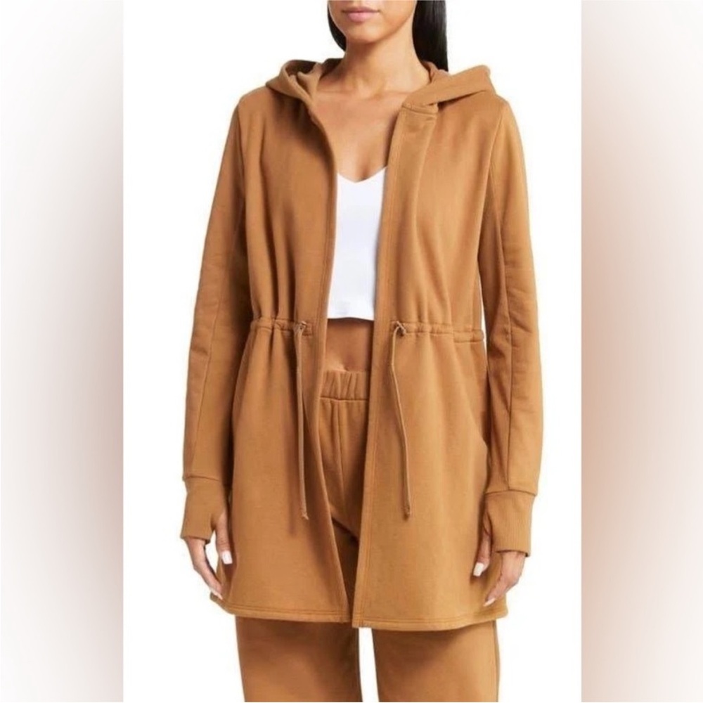 Beyond Yoga On The Go Jacket Toffee Fleece Lined Hooded Adjustable Waist Small